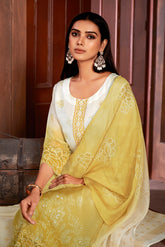 Mustard Organza Printed Lace Salwar Suit With Pant Dupatta